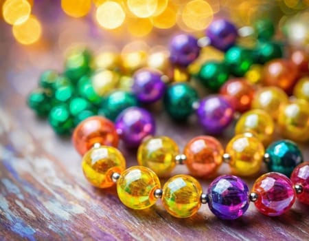 Colorful beads in purple, green, and gold create a festive atmosphere as they lay against a shimmering bokeh backdrop, embodying the joyful spirit of Mardi Gras festivities in New Orleans.