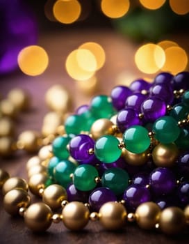 Colorful beads in purple, green, and gold create a festive atmosphere as they lay against a shimmering bokeh backdrop, embodying the joyful spirit of Mardi Gras festivities in New Orleans.