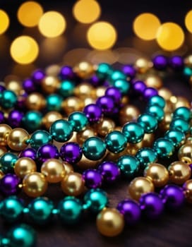 Colorful beads in purple, green, and gold create a festive atmosphere as they lay against a shimmering bokeh backdrop, embodying the joyful spirit of Mardi Gras festivities in New Orleans.