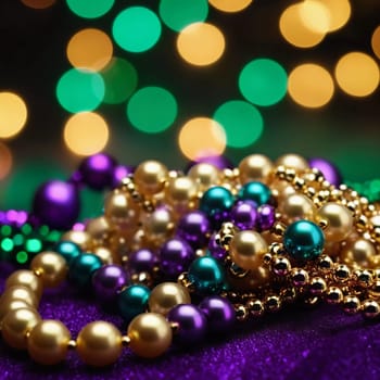 Colorful beads in purple, green, and gold create a festive atmosphere as they lay against a shimmering bokeh backdrop, embodying the joyful spirit of Mardi Gras festivities in New Orleans.