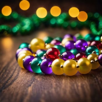 Colorful beads in purple, green, and gold create a festive atmosphere as they lay against a shimmering bokeh backdrop, embodying the joyful spirit of Mardi Gras festivities in New Orleans.