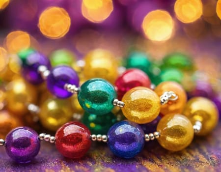 Colorful beads in purple, green, and gold create a festive atmosphere as they lay against a shimmering bokeh backdrop, embodying the joyful spirit of Mardi Gras festivities in New Orleans.