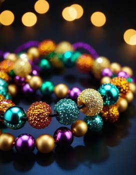 Colorful beads in purple, green, and gold create a festive atmosphere as they lay against a shimmering bokeh backdrop, embodying the joyful spirit of Mardi Gras festivities in New Orleans.