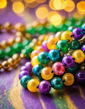 Colorful beads in purple, green, and gold create a festive atmosphere as they lay against a shimmering bokeh backdrop, embodying the joyful spirit of Mardi Gras festivities in New Orleans.
