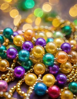 Colorful beads in purple, green, and gold create a festive atmosphere as they lay against a shimmering bokeh backdrop, embodying the joyful spirit of Mardi Gras festivities in New Orleans.