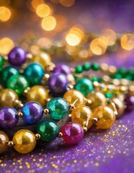 Colorful beads in purple, green, and gold create a festive atmosphere as they lay against a shimmering bokeh backdrop, embodying the joyful spirit of Mardi Gras festivities in New Orleans.