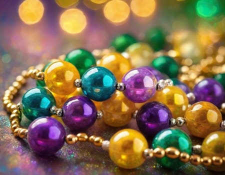 Colorful beads in purple, green, and gold create a festive atmosphere as they lay against a shimmering bokeh backdrop, embodying the joyful spirit of Mardi Gras festivities in New Orleans.