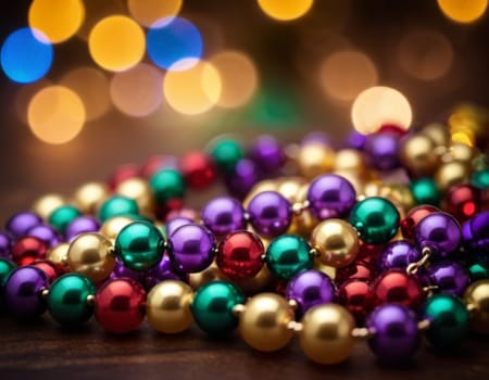 Colorful beads in purple, green, and gold create a festive atmosphere as they lay against a shimmering bokeh backdrop, embodying the joyful spirit of Mardi Gras festivities in New Orleans.