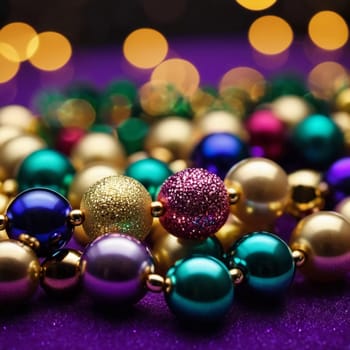 Colorful beads in purple, green, and gold create a festive atmosphere as they lay against a shimmering bokeh backdrop, embodying the joyful spirit of Mardi Gras festivities in New Orleans.