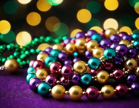 Colorful beads in purple, green, and gold create a festive atmosphere as they lay against a shimmering bokeh backdrop, embodying the joyful spirit of Mardi Gras festivities in New Orleans.