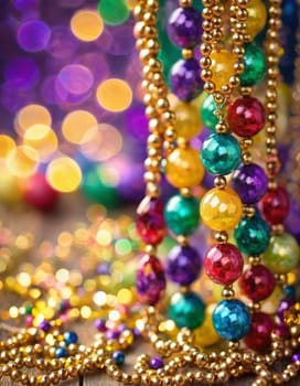 Colorful beads in purple, green, and gold create a festive atmosphere as they lay against a shimmering bokeh backdrop, embodying the joyful spirit of Mardi Gras festivities in New Orleans.