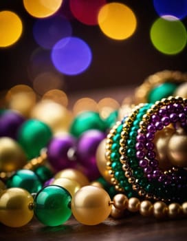 Colorful beads in purple, green, and gold create a festive atmosphere as they lay against a shimmering bokeh backdrop, embodying the joyful spirit of Mardi Gras festivities in New Orleans.