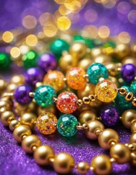 Colorful beads in purple, green, and gold create a festive atmosphere as they lay against a shimmering bokeh backdrop, embodying the joyful spirit of Mardi Gras festivities in New Orleans.