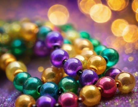 Colorful beads in purple, green, and gold create a festive atmosphere as they lay against a shimmering bokeh backdrop, embodying the joyful spirit of Mardi Gras festivities in New Orleans.