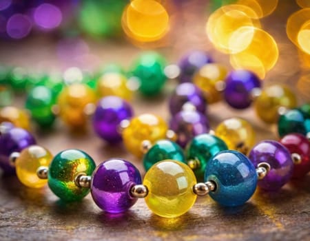 Colorful beads in purple, green, and gold create a festive atmosphere as they lay against a shimmering bokeh backdrop, embodying the joyful spirit of Mardi Gras festivities in New Orleans.