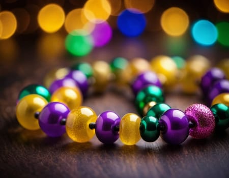Colorful beads in purple, green, and gold create a festive atmosphere as they lay against a shimmering bokeh backdrop, embodying the joyful spirit of Mardi Gras festivities in New Orleans.