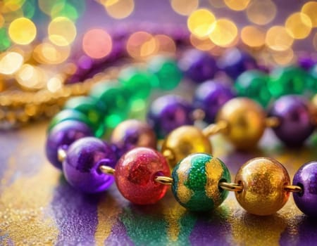 Colorful beads in purple, green, and gold create a festive atmosphere as they lay against a shimmering bokeh backdrop, embodying the joyful spirit of Mardi Gras festivities in New Orleans.