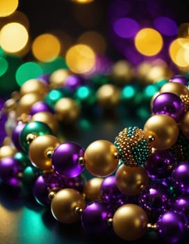 Colorful beads in purple, green, and gold create a festive atmosphere as they lay against a shimmering bokeh backdrop, embodying the joyful spirit of Mardi Gras festivities in New Orleans.