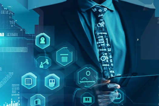 AI cyber security threat illustration, black african american male IT specialist analysing data information technology, augmented reality artificial intelligence collage, side profile, copy space