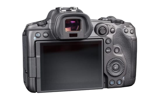 Canon R5 - black professional 35mm full-frame mirrorless camera body with flip screen isolated on white background with focus stacking - Tula, Russia, September 15, 2021