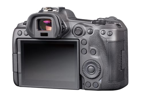 black 2020s professional 35mm full-frame mirrorless camera body with flip screen isolated on white background, rear view