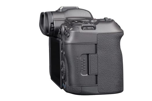 Canon R5 - black professional 35mm full-frame mirrorless camera body with flip screen isolated on white background with focus stacking - Tula, Russia, September 15, 2021