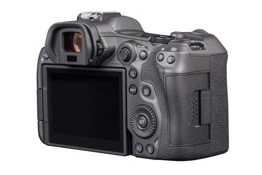 Canon R5 - black professional 35mm full-frame mirrorless camera body with flip screen isolated on white background with focus stacking - Tula, Russia, September 15, 2021