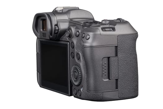 black 2020s professional 35mm full-frame mirrorless camera body with flip screen isolated on white background.