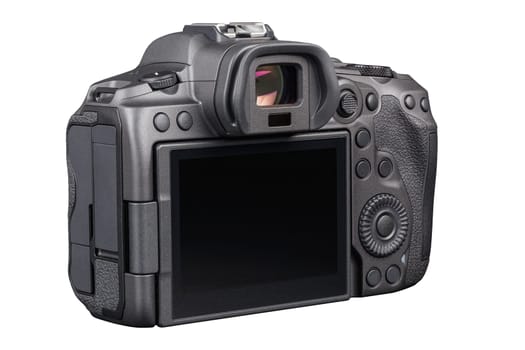 black 2020s professional 35mm full-frame mirrorless camera body with flip screen isolated on white background, rear view