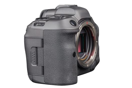 black 2020s professional 35mm full-frame mirrorless camera body with flip screen isolated on white background.