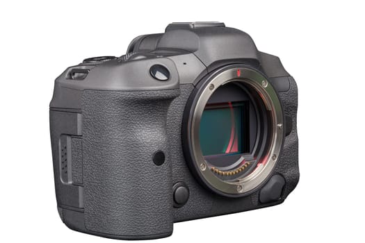 black 2020s professional 35mm full-frame mirrorless camera body with flip screen isolated on white background.