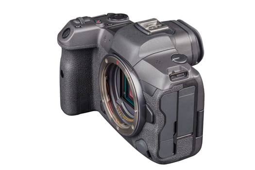 black 2020s professional 35mm full-frame mirrorless camera body with flip screen isolated on white background.
