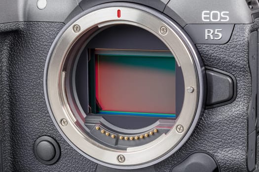 Canon R5 body with exposed sensor full-frame closeup view - black professional 35mm full-frame mirrorless camera - Tula, Russia, September 15, 2021