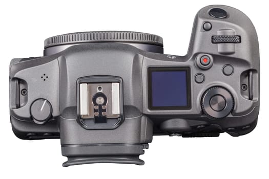 black 2020s professional 35mm full-frame mirrorless camera body with flip screen isolated on white background.