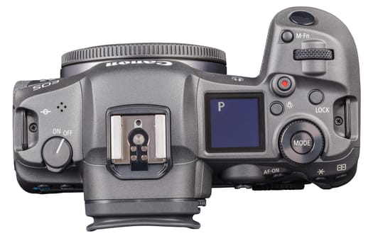 Canon R5 - black professional 35mm full-frame mirrorless camera body with flip screen isolated on white background with focus stacking - Tula, Russia, September 15, 2021