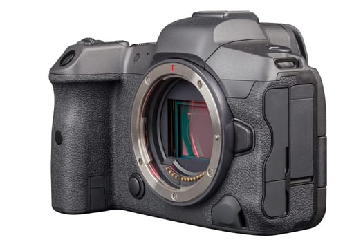 black 2020s professional 35mm full-frame mirrorless camera body with flip screen isolated on white background.