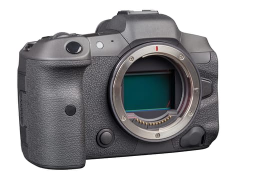 black 2020s professional 35mm full-frame mirrorless camera body with flip screen isolated on white background.