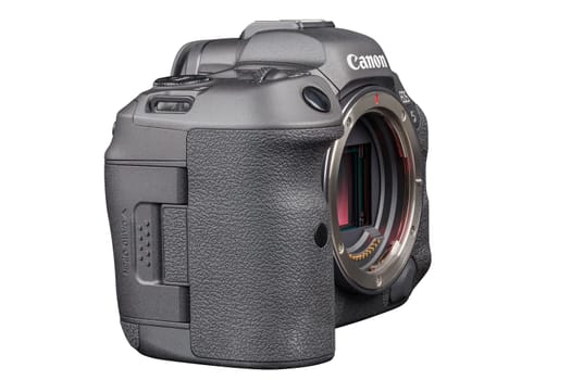 Canon R5 - black professional 35mm full-frame mirrorless camera body with flip screen isolated on white background with focus stacking - Tula, Russia, September 15, 2021