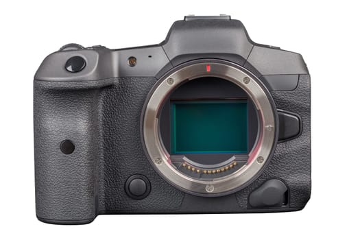 black 2020s professional 35mm full-frame mirrorless camera body with flip screen isolated on white background.