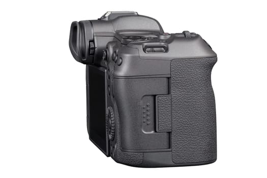 black 2020s professional 35mm full-frame mirrorless camera body with flip screen isolated on white background.