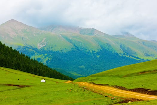 dirt road in Kyrgyz mountain hills at rainy summer day with a few horses and one white yurt