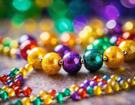 Colorful beads in purple, green, and gold create a festive atmosphere as they lay against a shimmering bokeh backdrop, embodying the joyful spirit of Mardi Gras festivities in New Orleans.
