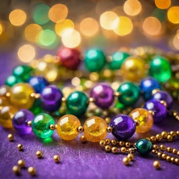 Colorful beads in purple, green, and gold create a festive atmosphere as they lay against a shimmering bokeh backdrop, embodying the joyful spirit of Mardi Gras festivities in New Orleans.