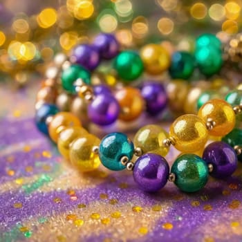 Colorful beads in purple, green, and gold create a festive atmosphere as they lay against a shimmering bokeh backdrop, embodying the joyful spirit of Mardi Gras festivities in New Orleans.