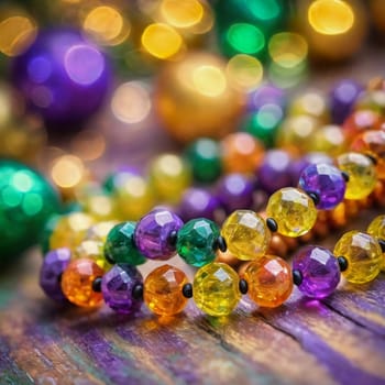 Colorful beads in purple, green, and gold create a festive atmosphere as they lay against a shimmering bokeh backdrop, embodying the joyful spirit of Mardi Gras festivities in New Orleans.