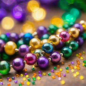 Colorful beads in purple, green, and gold create a festive atmosphere as they lay against a shimmering bokeh backdrop, embodying the joyful spirit of Mardi Gras festivities in New Orleans.