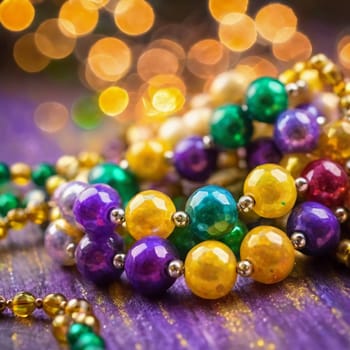 Colorful beads in purple, green, and gold create a festive atmosphere as they lay against a shimmering bokeh backdrop, embodying the joyful spirit of Mardi Gras festivities in New Orleans.