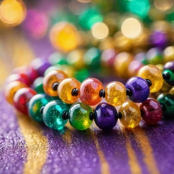 Colorful beads in purple, green, and gold create a festive atmosphere as they lay against a shimmering bokeh backdrop, embodying the joyful spirit of Mardi Gras festivities in New Orleans.