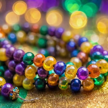 Colorful beads in purple, green, and gold create a festive atmosphere as they lay against a shimmering bokeh backdrop, embodying the joyful spirit of Mardi Gras festivities in New Orleans.