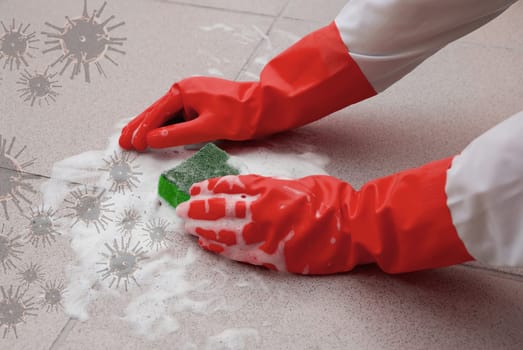 Protecting hand from detergents and viruses, washing floor by cleaning sponge, prevention COVID-19